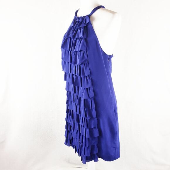 Anthropologie Va Et Vien Halter Dress Women 8 Blue Silk Ruffles Party Racerback - Picture 3 of 11